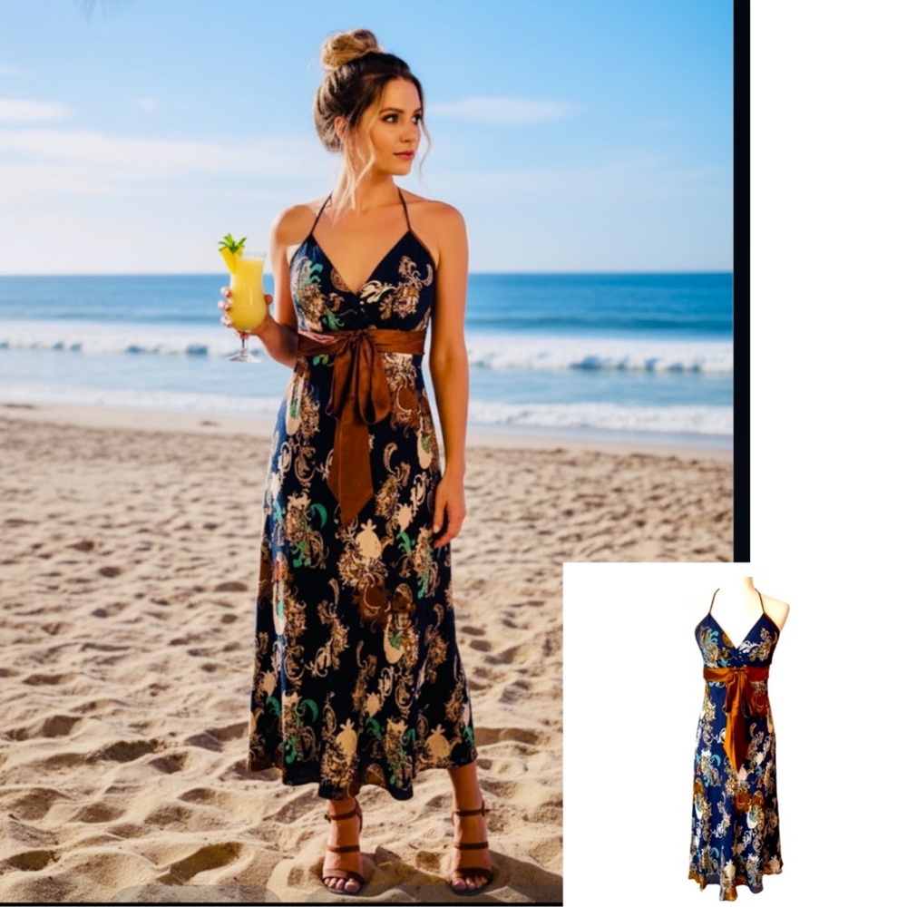 Silk maxi dress 100% silk fblue brown halter midi  8 max and Cleo